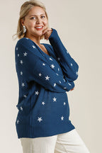 Umgee Knit Top Star Pattern V Neck Long Sleeve Women Navy Pullover 9769bcab-45c5-4e5f-b02e-be931c36753c-Min Trendsi