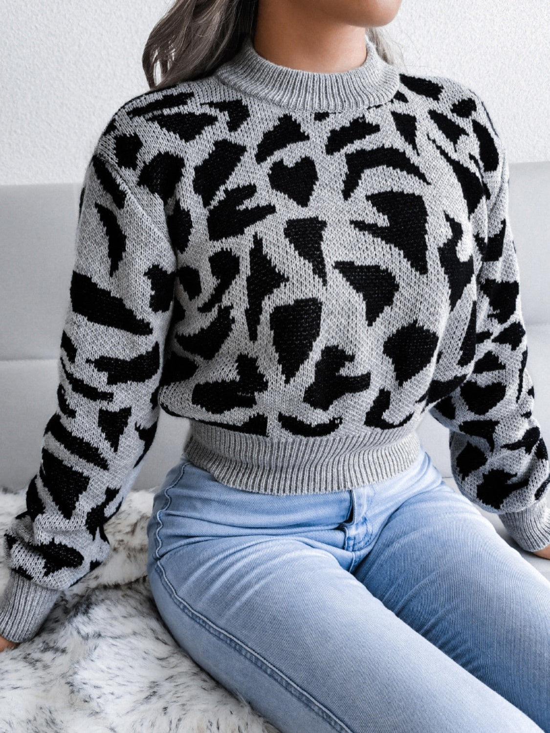 Leopard Women Sweater Cropped Round Neck Long Sleeve Soft Knit Pullover