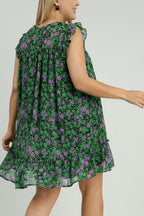 Umgee Ruffle Dress Smocked Dark Green Floral Metallic Print Short Sleeve S-2XL 97820794-1ce3-4b4d-82f0-2913403cbefb-Max Trendsi