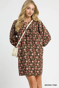 Umgee Babydoll Short Dress Brown Pink Floral Tie-Neck 3/4 Sleeve Ruched BROWN PINK 978b674f-c14c-4d33-ac47-6e6cd14ac60b-Max-Origin Trendsi