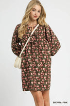 Umgee Babydoll Short Dress Brown Pink Floral Tie-Neck 3/4 Sleeve Ruched BROWN PINK 978b674f-c14c-4d33-ac47-6e6cd14ac60b-Max-Origin Trendsi