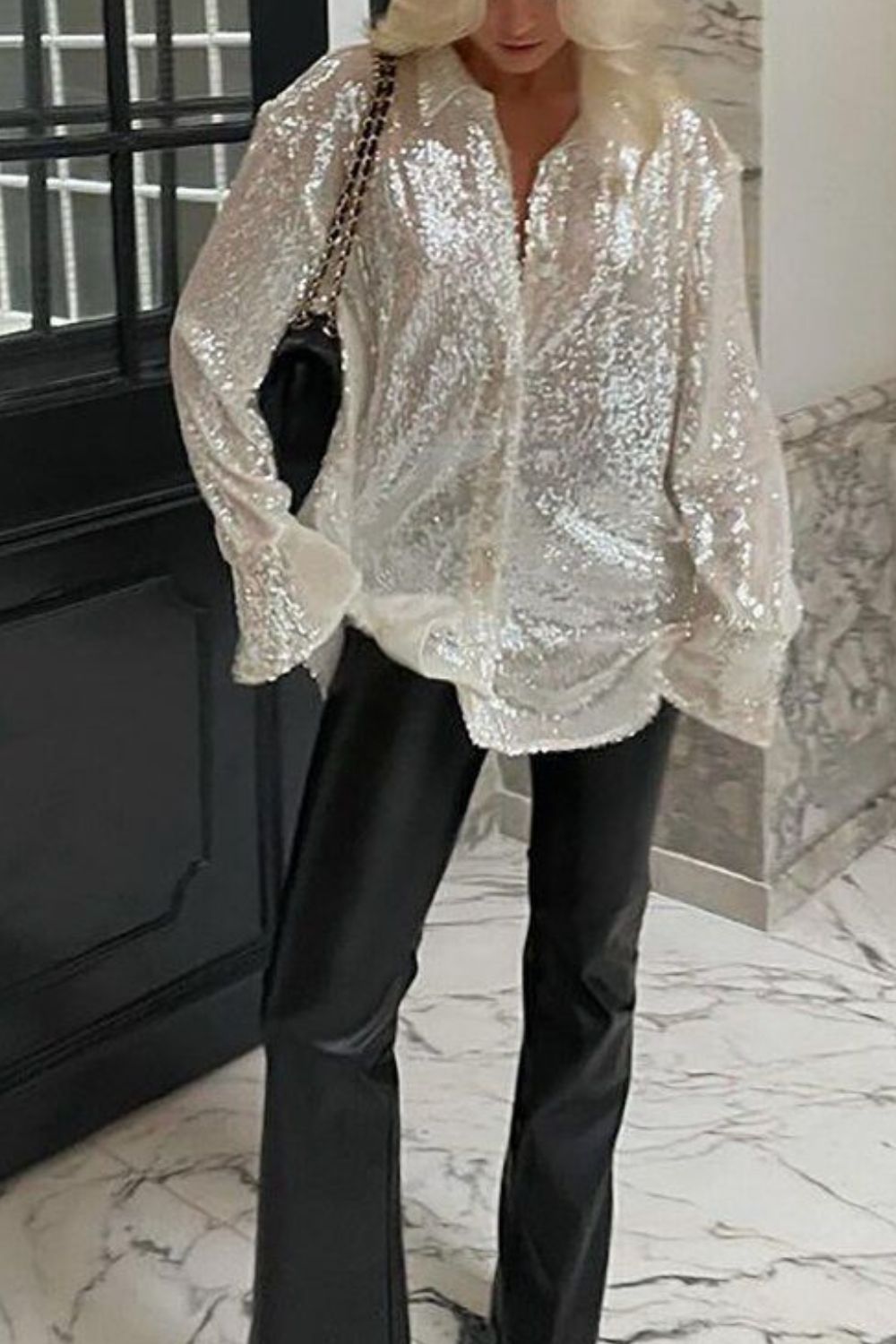 Women's Sequin Shirt Button Up Long Sleeve Sheer Fashionable Blouse 978bea2f-d06c-4184-96d1-28c133870969-Max Trendsi