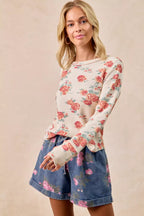BiBi Womens Knit Top Floral Print Washed Waffle Thermal Blouse 9790582705294274995379d51a1ffe29-Max-Origin Trendsi