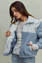 SO ME Women Jacket Faux Fur Sherpa Blue Pull with Floral Ruffle Contrast Zipper 9791f8707c3346f982241599e204bab5-Max-Origin Trendsi