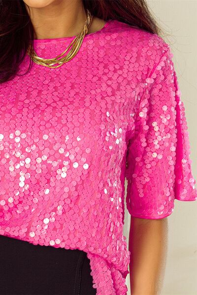 Sequin Blouse Fuchsia Pink Round Neck Half Sleeve Top 97920895-0f25-4e02-98e7-5b23447074ad-Min Trendsi