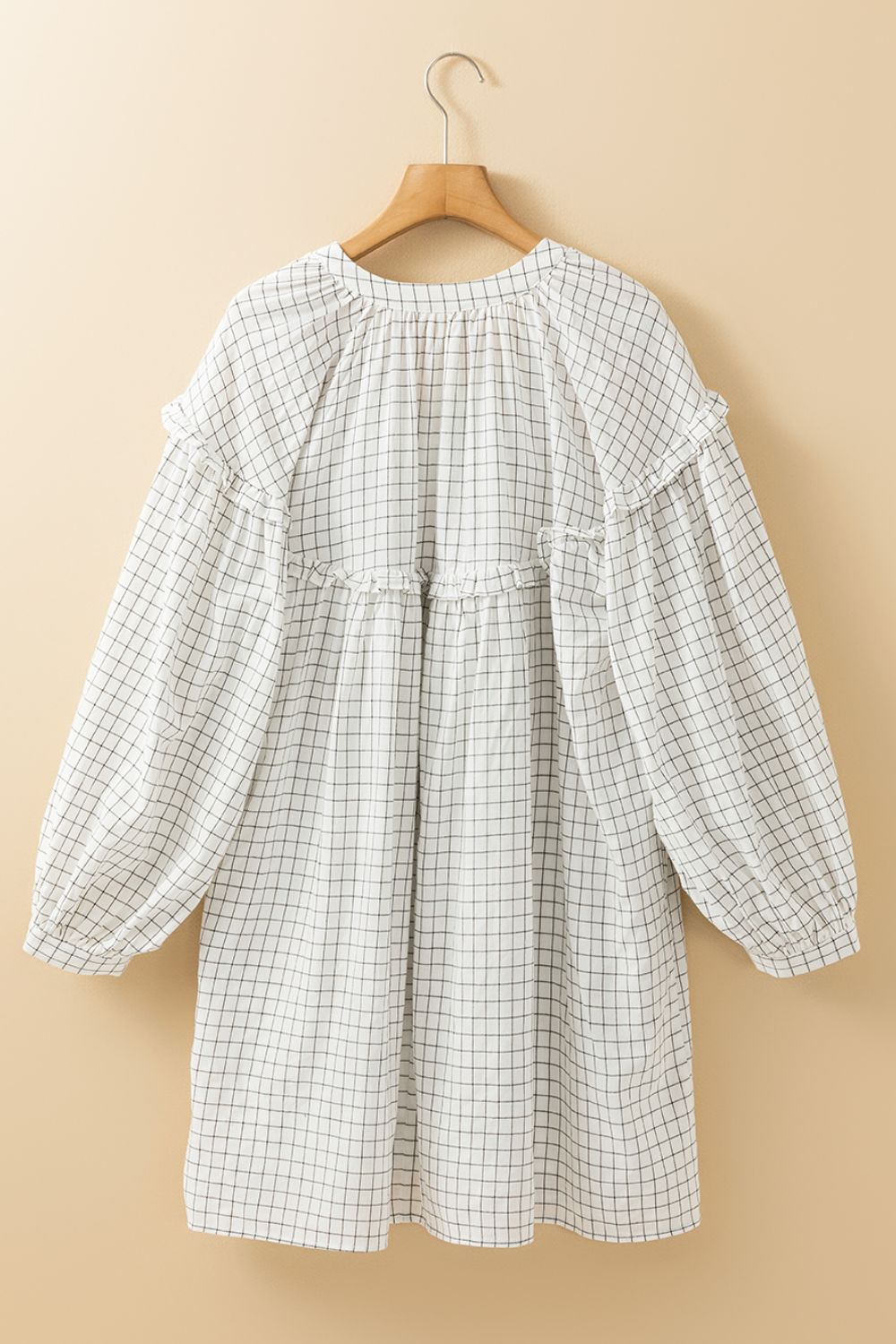Mini Dress Frill Plaid Oversized Notched Balloon Long Sleeve Cotton Blend 9793511c-415c-4120-ae1c-7f644bedb7ca-Max Trendsi