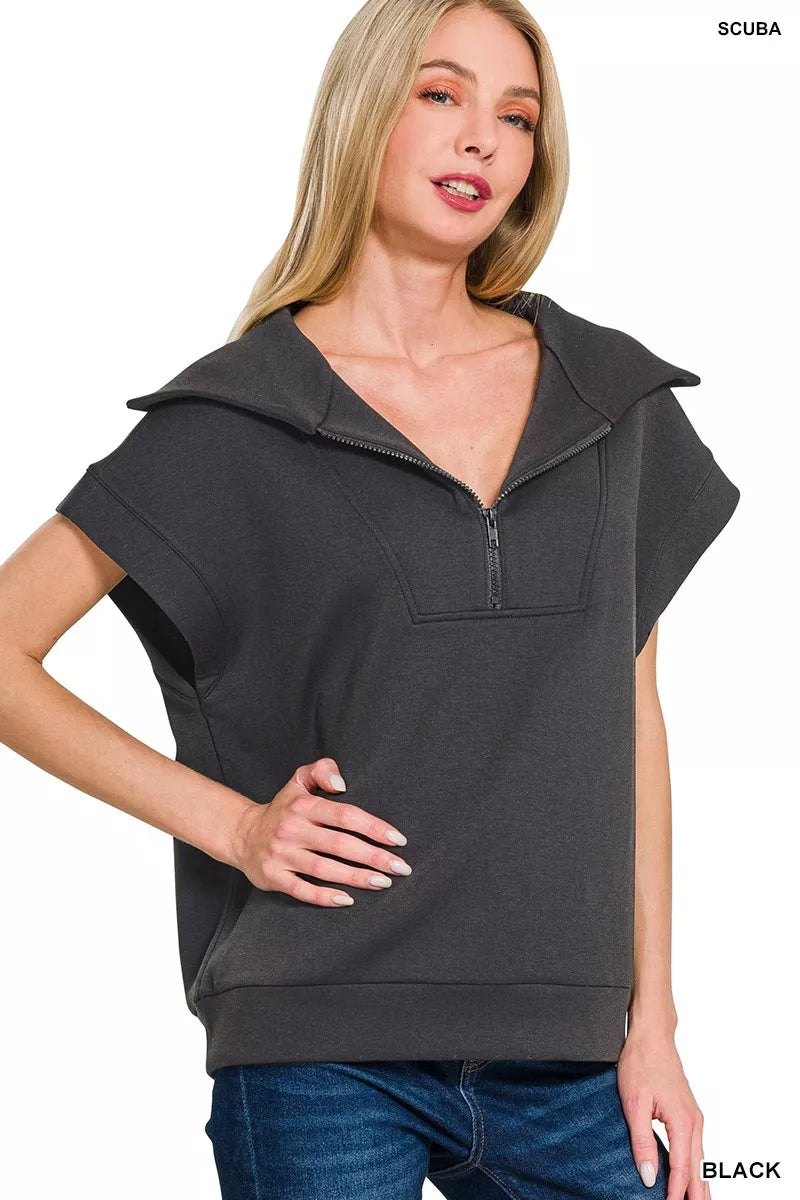 Zenana Womens Blouse Black Scuba Half Zip Top Short Sleeve 979c0a3e09564900811bb3db52937660-Max-Origin Trendsi