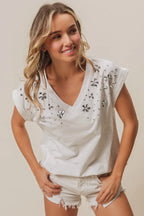 BiBi Cotton T-shirt Slub Jersey Rhinestone Flowers Beaded V Neck Top 97a24efaf68148ea8b86d4ee51ea07e2-Max-Origin Trendsi