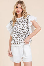 Lime 'N' Chili Top Ribbed Leopard Print Ruffle Detail Sleeveless White Blouse 97a3e16d8f2541c885121da1e53a3d19-Max-Origin Trendsi