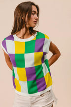 BiBi Womens Sweater Knit Top Mardi Gras Checker Pattern Sleeveless 97af5389fb9249c69fee72328b266e25-Max-Origin Trendsi