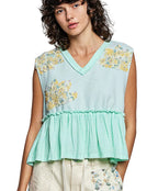 POL Floral Patch Ruffled Sleeveless Top with Raw Edge Trim