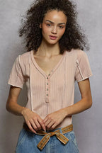 POL Womens T-shirt V-Neck Short Sleeve Top with Stitch Seam Detail Soft Pink 97be9f46-905d-4fc2-aedd-d61fa4ffd069-Max-Origin Trendsi