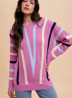 Women's Sweater Annie Wear Chevron Stripe Round Neck Ribbed Long Sleeve 97c85fc7-8cfd-43a4-903d-bc464b639611-Max Trendsi