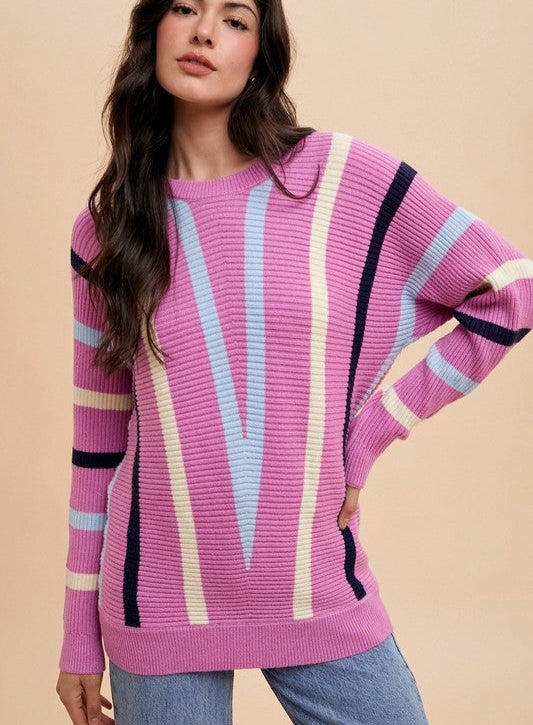 Women's Sweater Annie Wear Chevron Stripe Round Neck Ribbed Long Sleeve 97c85fc7-8cfd-43a4-903d-bc464b639611-Max Trendsi