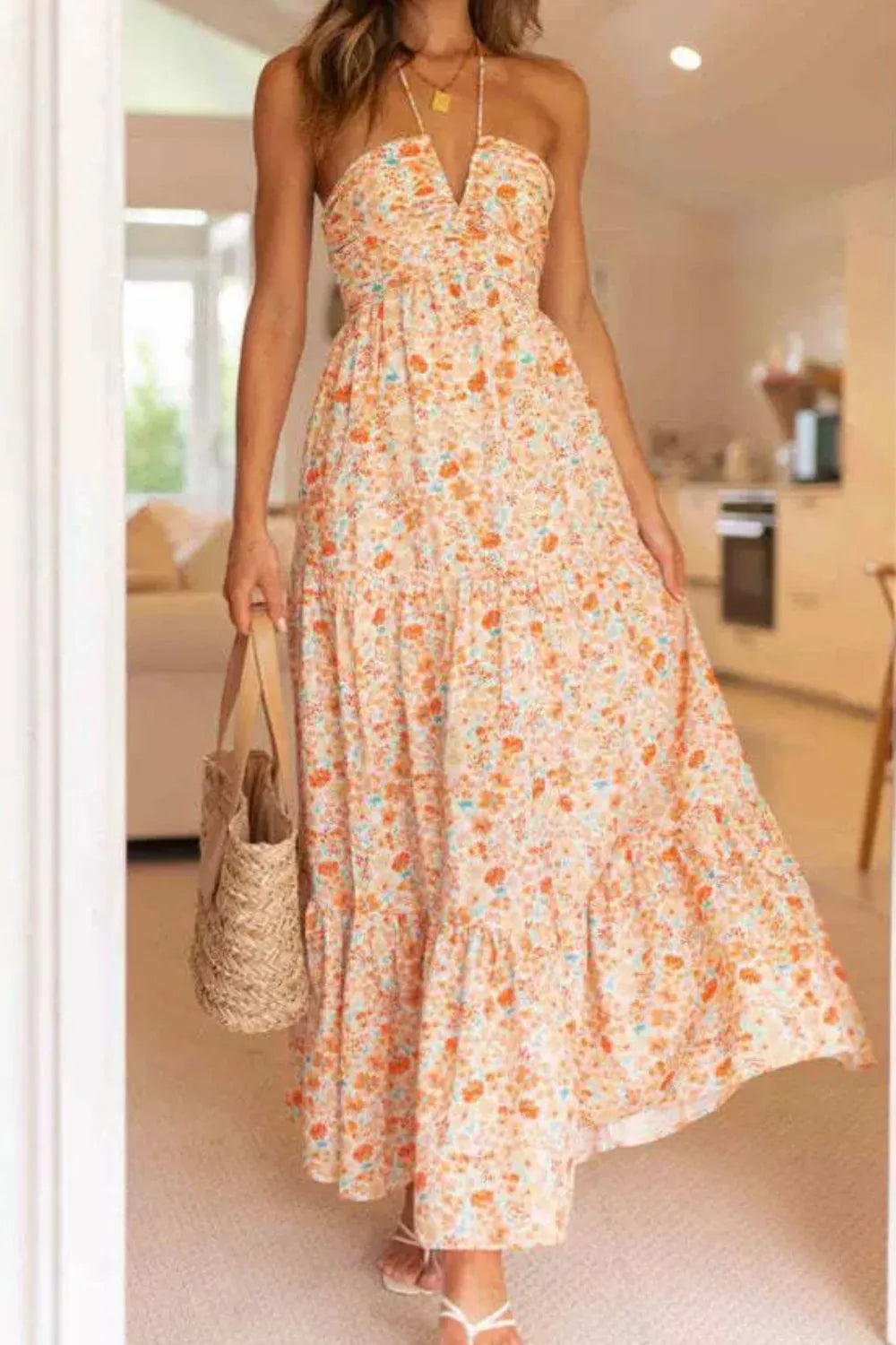 Floral Maxi Dress Halter Cut Out Neck Tiered Backless Sherbet 97c902ec-ab6e-486a-8608-5606d466e448-Max-Origin Trendsi