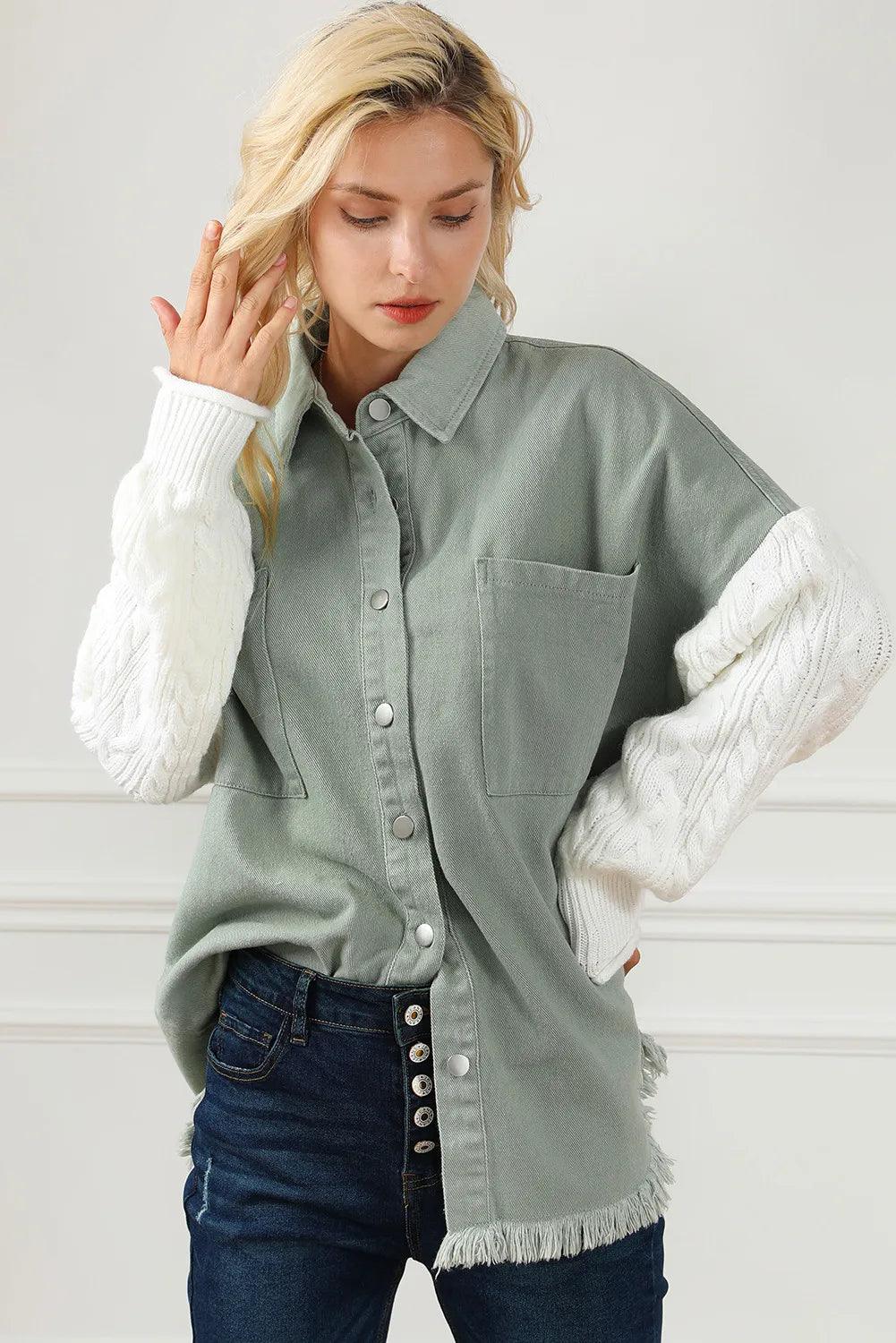 Raw Hem Jacket Cotton Collared Neck Button Up Long Knit Sleeve Outwear 97c996c7-91b4-42ab-a000-7f0d7f7d2622-Max Trendsi