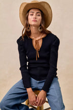 BiBi Womens Knit Top Black Ribbed Camel Contrast Front Tied Top with Shrried 97cb200c2d4a4e978f960a25862338fc-Max-Origin Trendsi