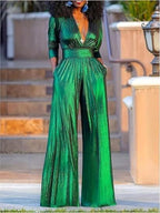Deep V-Neck Wide-Leg Jumpsuit with Pockets, 100% Polyester, Machine Washable