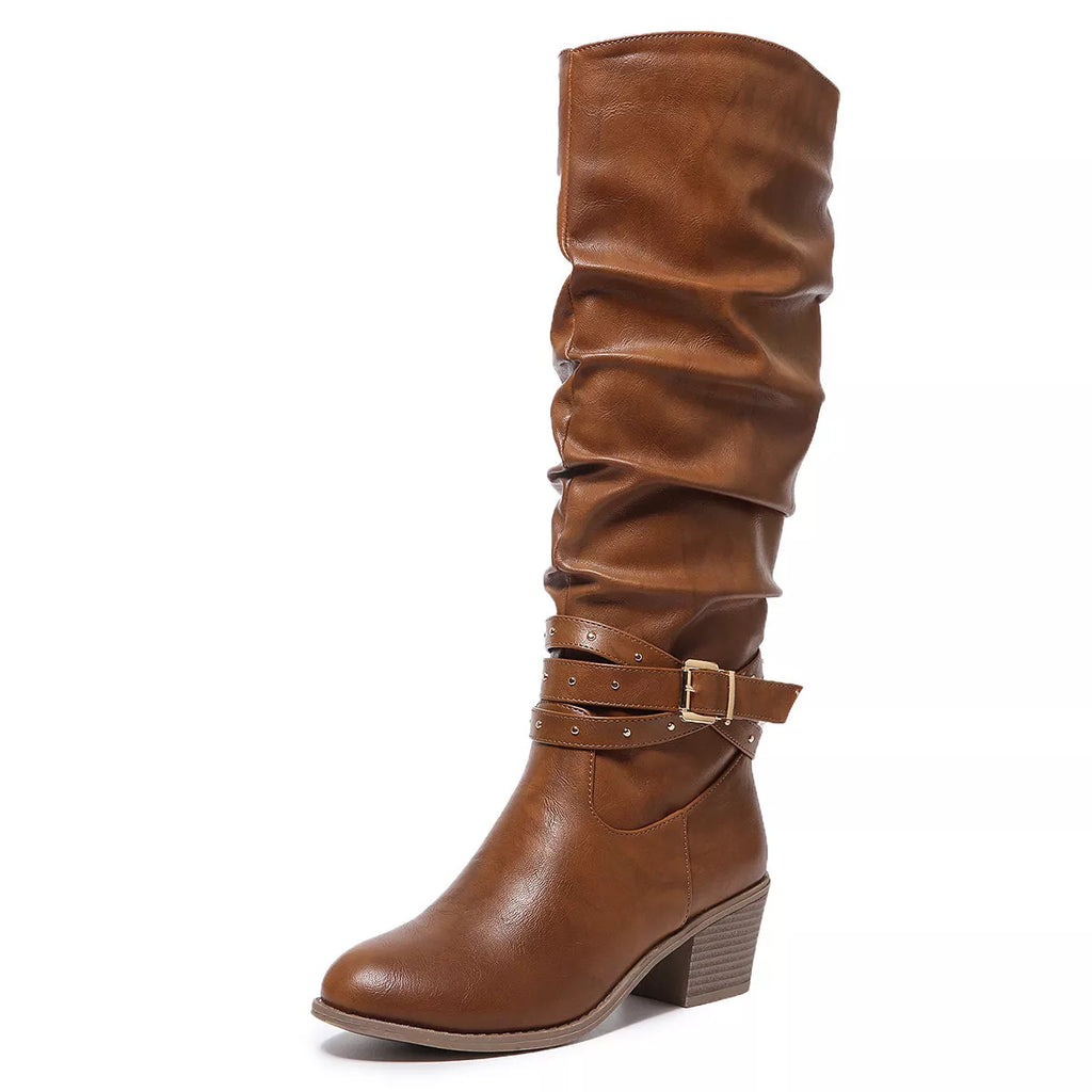 Women's Boots Pu Leather Round Toe Block Mid Heels Buckle Shoes Style D 97d361a01c28449aaa194e63bef398c7-Max-Origin Trendsi