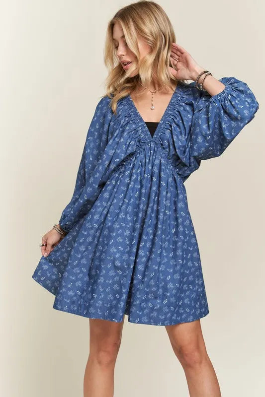 ADORA Mini Dress Batwing Long Sleeves Floral Blue V Neck Oversized 97dc4f9d9dd04b86817dcf6556be5f20-Max-Origin Trendsi
