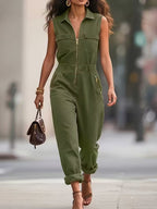 Sleeveless Zip-Up Jumpsuit with Pockets, 100% Polyester, Machine Washable, Imported