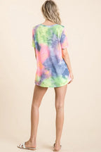 BiBi Tie Dye Print Womens T-shirt Low Gauge Deep U Neck Top 97e9b29eb45b4839bbdba2560e7ee30a-Max-Origin Trendsi