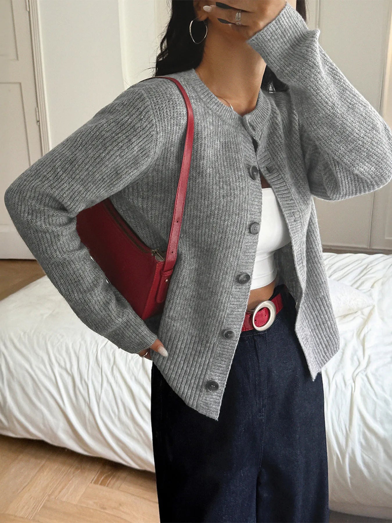 Women's Cardigan Gray Ribbed Knit Button-Up Round Neck 97e9e3362bab4353a1be77368d72bc34-Max-Origin Trendsi