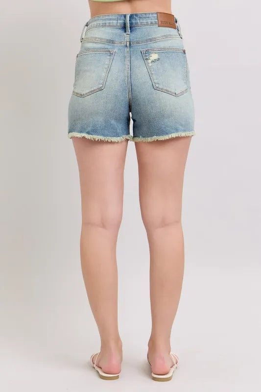 Judy Blue Denim Shorts High Rise Washed Fly Stitch Detail and Destroy 97ea71cdf4424a43bb61892b942b528d-Max-Origin Trendsi