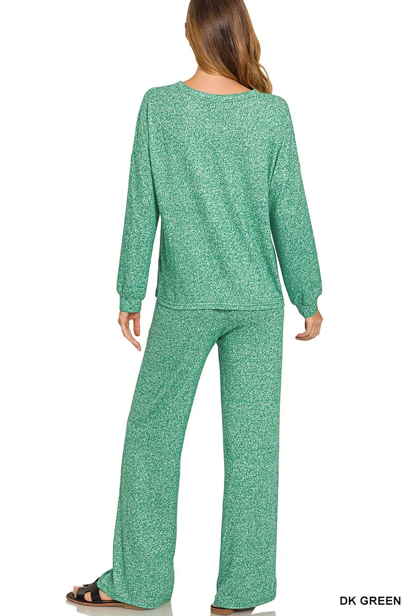 Zenana Outfit Set Green Soft Melange Long Sleeve Tee & Pants 2 Pcs 97f170002fb94b87bd79bef0f97d9389-Max-Origin Trendsi