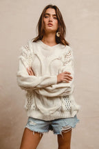 BiBi Sweater Ivory Faux Fur Detailed Pointelle Cable Knit Top 97f6f1b289c84d8a9feca644249af79e-Max-Origin Trendsi