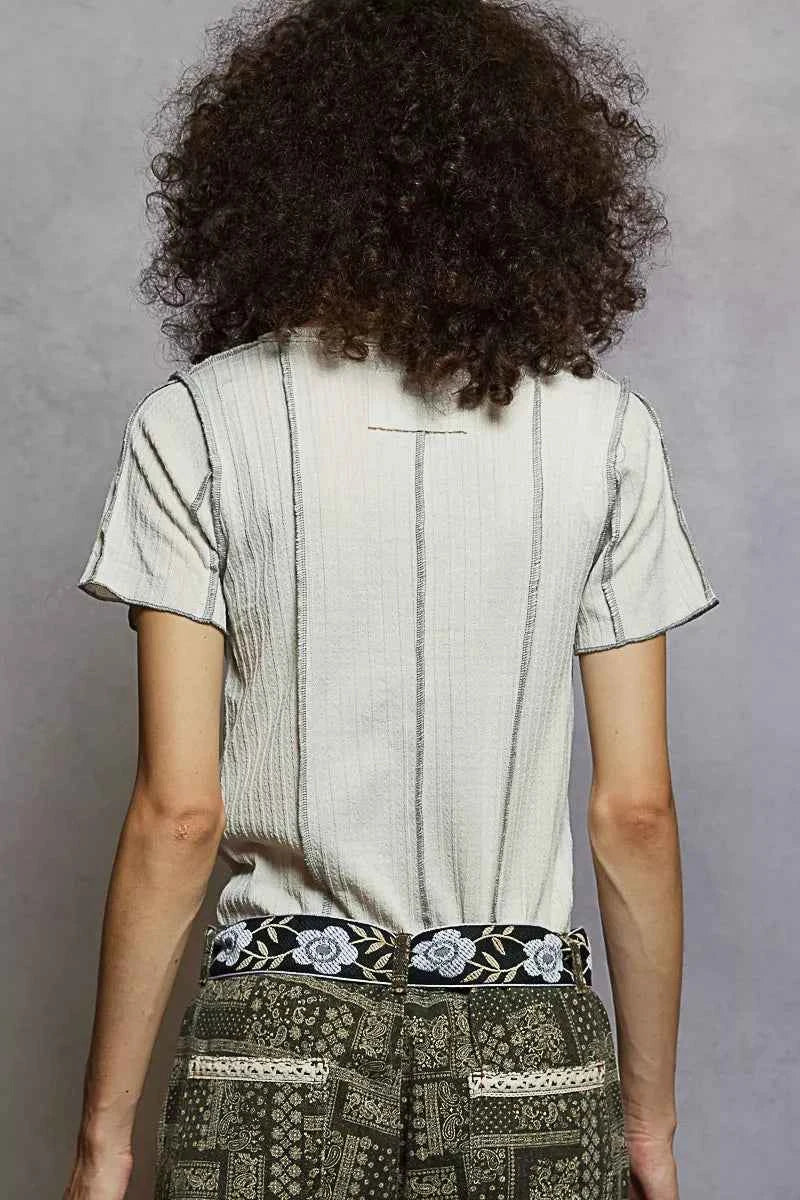 POL Women T-shirt V-Neck Short Sleeve Top with Stitch Seam Detail 980014c7-fa7c-4e01-b844-955d4a353617-Max-Origin Trendsi