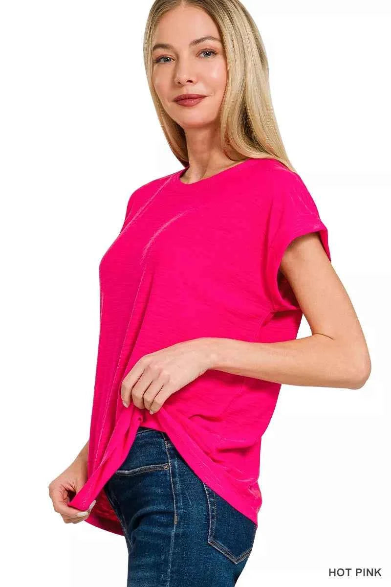 Zenana T-shirt Hot Pink Slub Cuffed Short Sleeve Top Tee 98075b00c40042ad97a226acb11ef7d0-Max-Origin Trendsi