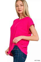 Zenana T-shirt Hot Pink Slub Cuffed Short Sleeve Top Tee 98075b00c40042ad97a226acb11ef7d0-Max-Origin Trendsi