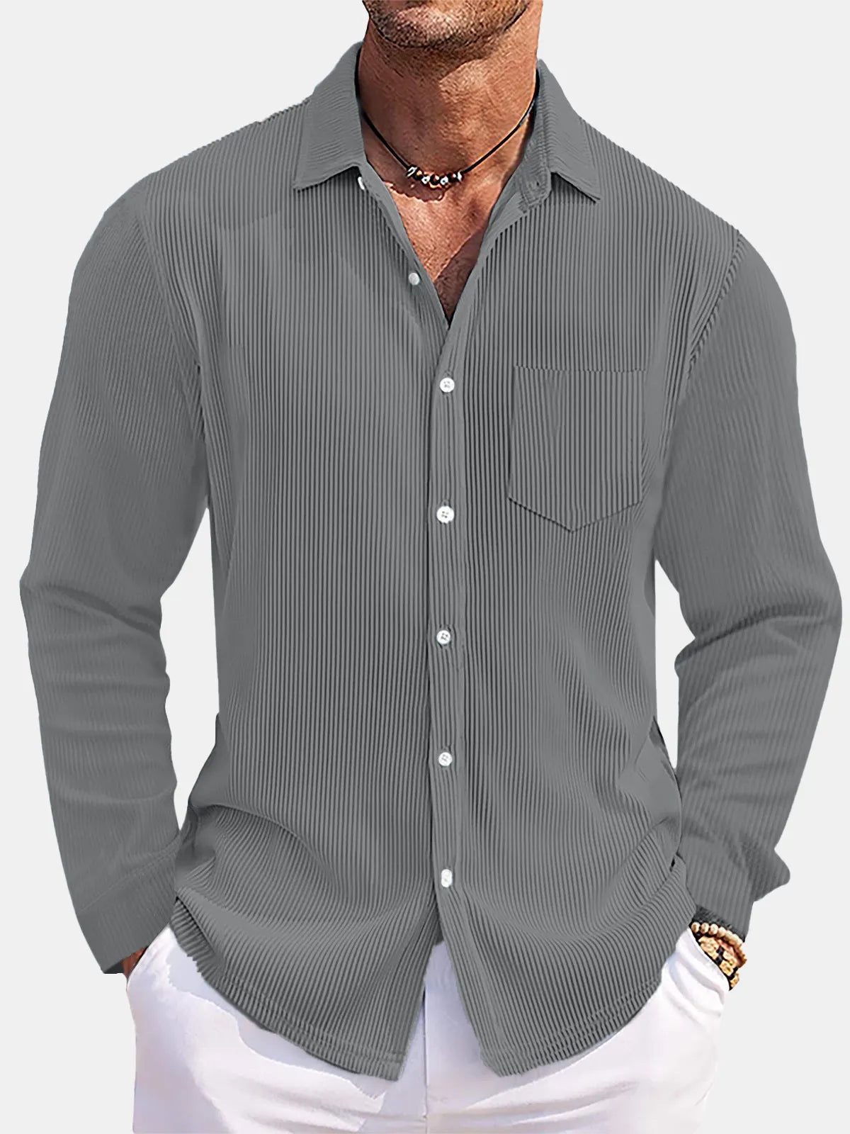 Men's Long Sleeve Shirt Striped Single Breasted Patch Pocket Top S-5XL Grey 98098db2494b43f8b4e62c48042312ad-Max-Origin Trendsi