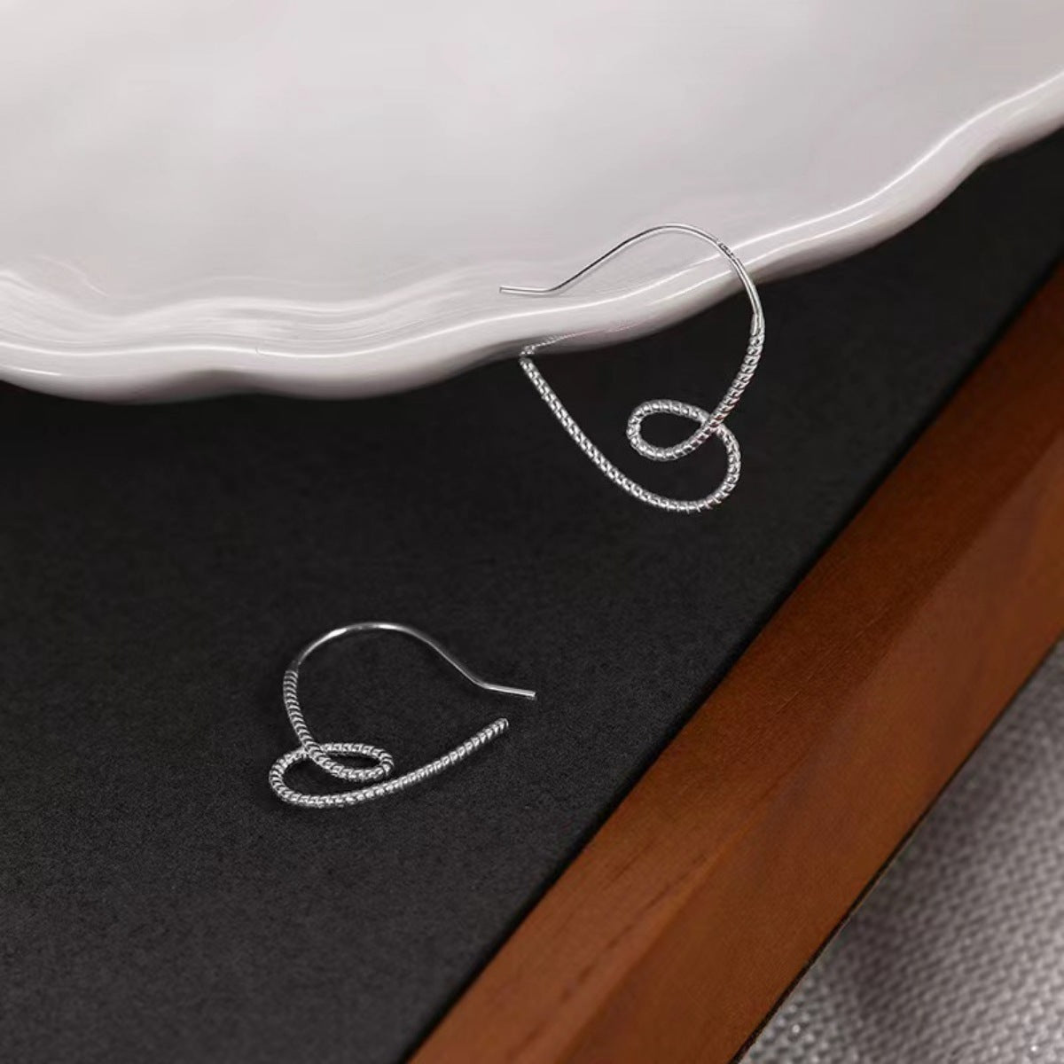 Heart-Shaped Dangle Earrings in 925 Sterling Silver, Pair