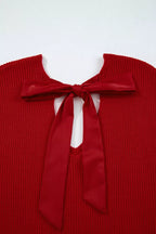 Womens Sweater Bow Knot Back Burgundy Red Lantern Sleeve V Neck Pullover 98110f22-0fba-427a-ae06-a0025a7a528e-Max-Origin Trendsi