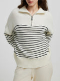 Women Striped Sweater Half Zip High Neck Long Sleeve Soft Knit Pullover Black One Size 9812efe3-f78c-4dac-866b-af3b623947ec-Max Trendsi