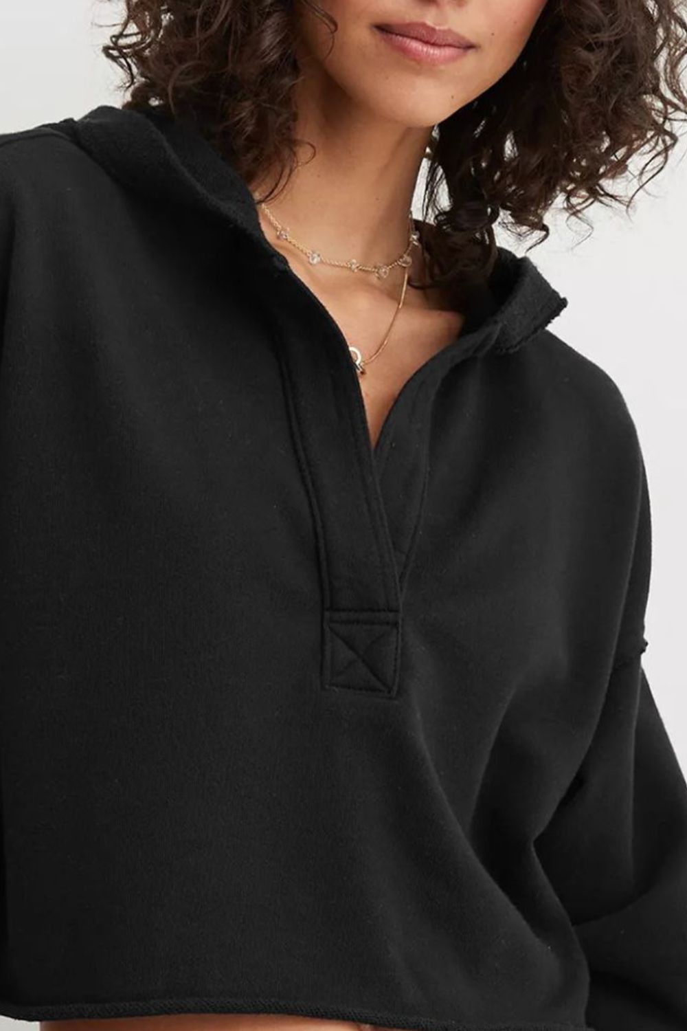 Cropped Women's Hoodie Exposed Seam Long Sleeve Hooded Open V Neck