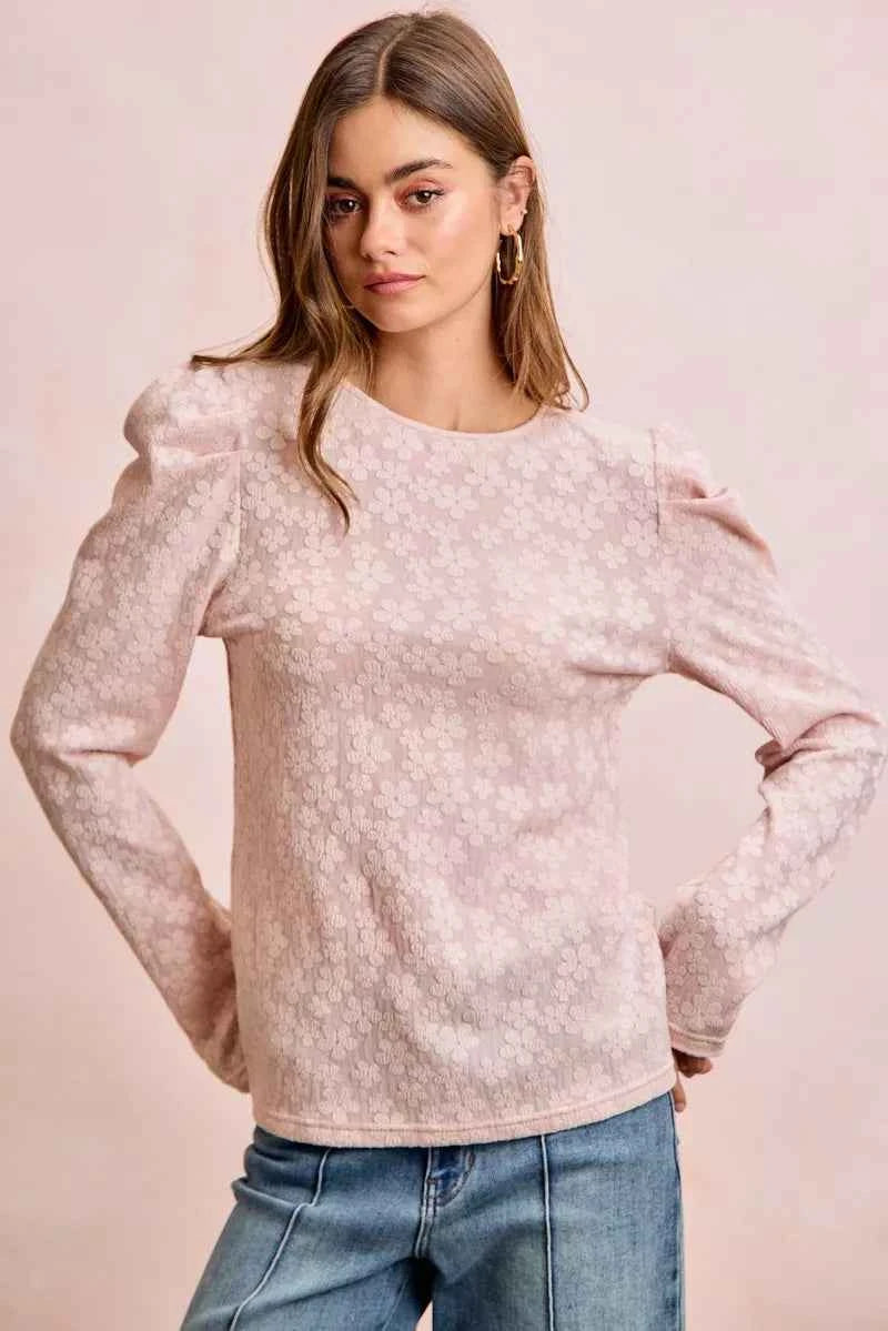 BiBi Women Blouse Textured Flower Knit Blush Pink Puff Shoulder Top Long Sleeve 98155c7519be4367a324b75de3bf33ed-Max-Origin Trendsi