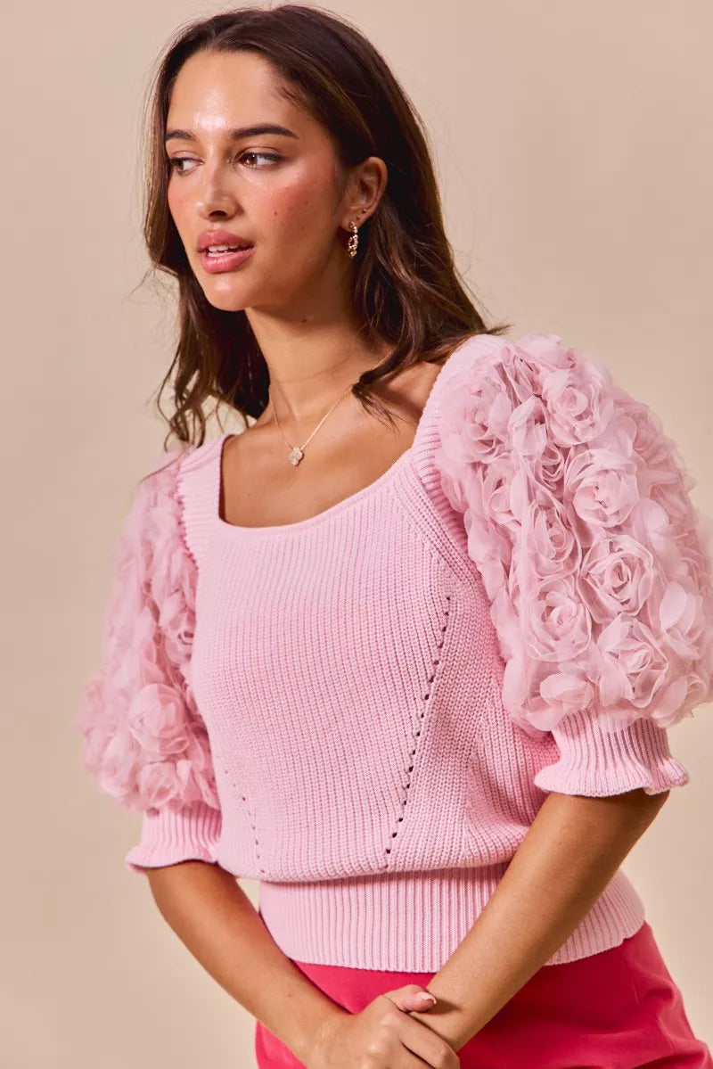 SO ME Rosette Sleeves Blouse Square Neck Sweater Knit Top Light Pink 981907c6-6b4d-4199-b002-e68b863fd0d3-Max-Origin Trendsi