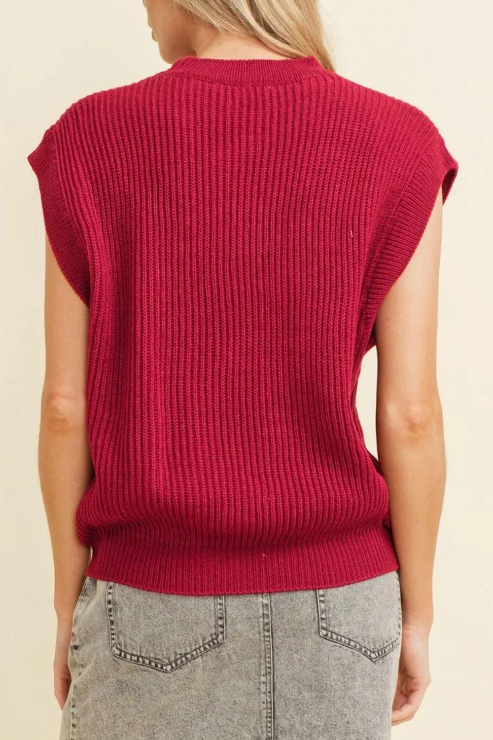 Burgundy Sweater Top GAME DAY Embroidered Round Neck Sleeveless