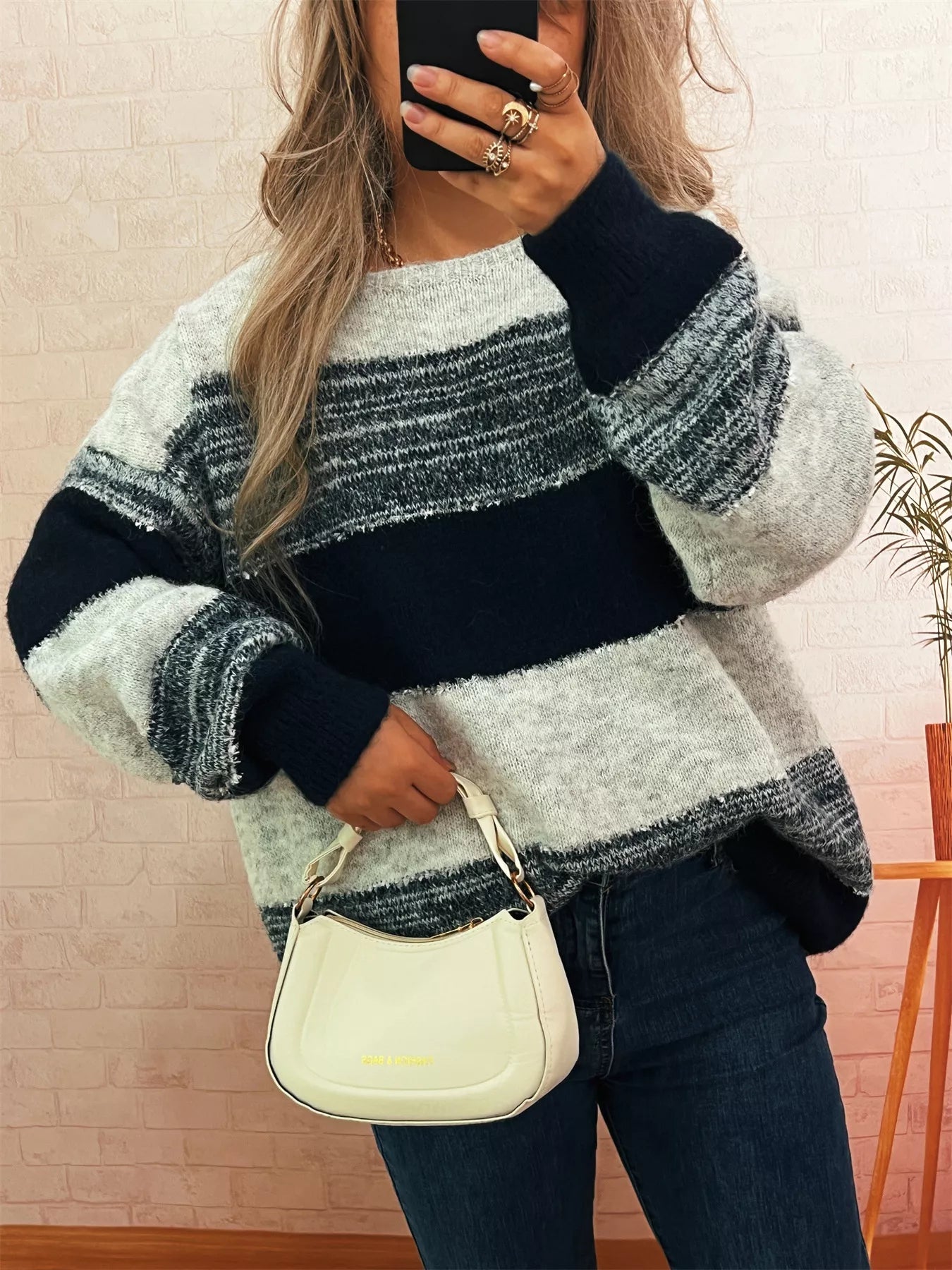 Women's Sweater Color Block Stripe Dropped Shoulder Knit Pullover 981da5c3fcbf4131961b92418683f562-Max-Origin Trendsi