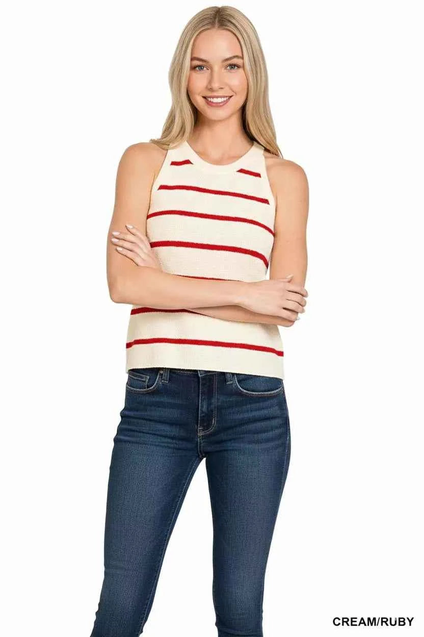 Zenana Women Knit Tank Top Cream Ruby Stripe Sweater Sleeveless Top 9837799a-b942-4e58-9cfb-27afc2d6a5ea-Max-Origin Trendsi