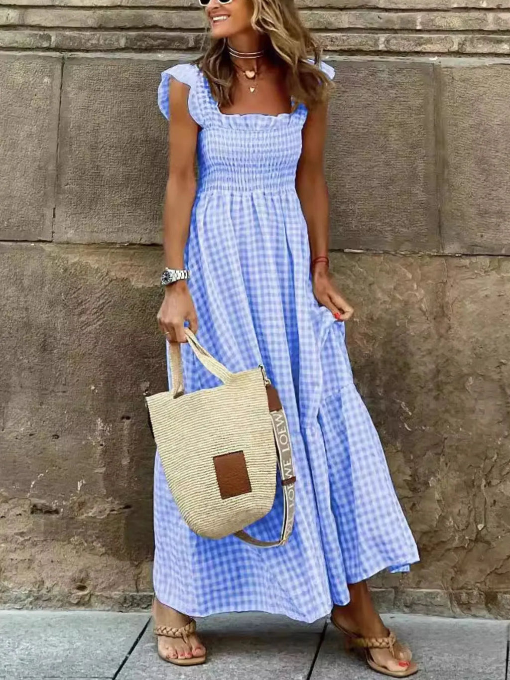 Maxi Dress Plaid Gingham Smocked High Waist with Ruffle Straps Square Neck Sky Blue 9838266e19414bbba1ee20267ab6ab6c-Max-Origin Trendsi