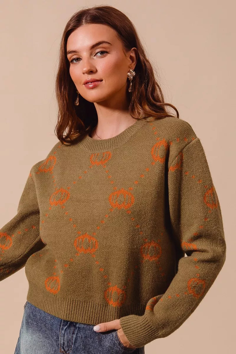 SO ME Women's Sweater Pumpkin Rhombus Halloween Thanksgiving Pullover 984a5315-b51b-4f01-a861-2cfd40504d4c-Max-Origin Trendsi