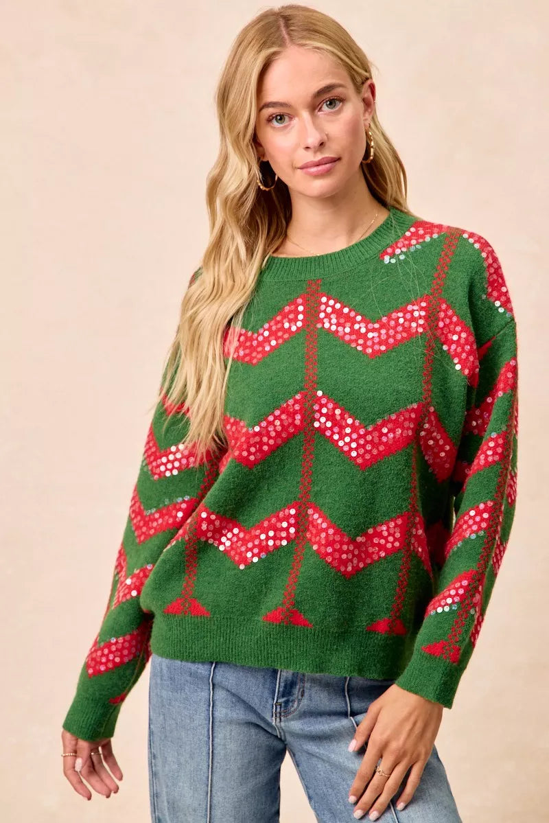 BiBi Sweater Christmas Theme Chevron Sequins Womens Green Red Pullover 984f58c4a1cb4a629cfc21e46ff3ae9c-Max-Origin Trendsi