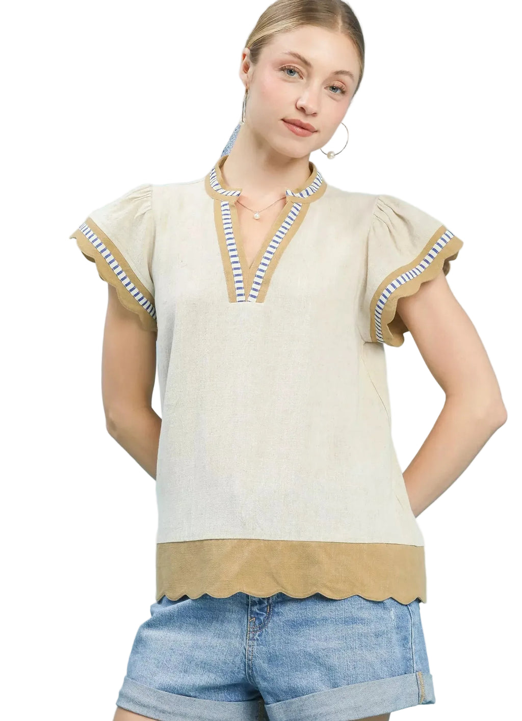 Umgee Blouse Oatmeal Contrast Scallop Trim Linen Cotton Top Short Sleeve OATMEAL 9854fd9a-b444-4c6d-ac3d-690d1fc9a0ef-Max-Origin Trendsi