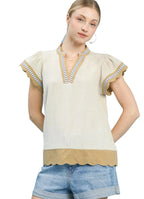 Umgee Blouse Oatmeal Contrast Scallop Trim Linen Cotton Top Short Sleeve OATMEAL 9854fd9a-b444-4c6d-ac3d-690d1fc9a0ef-Max-Origin Trendsi