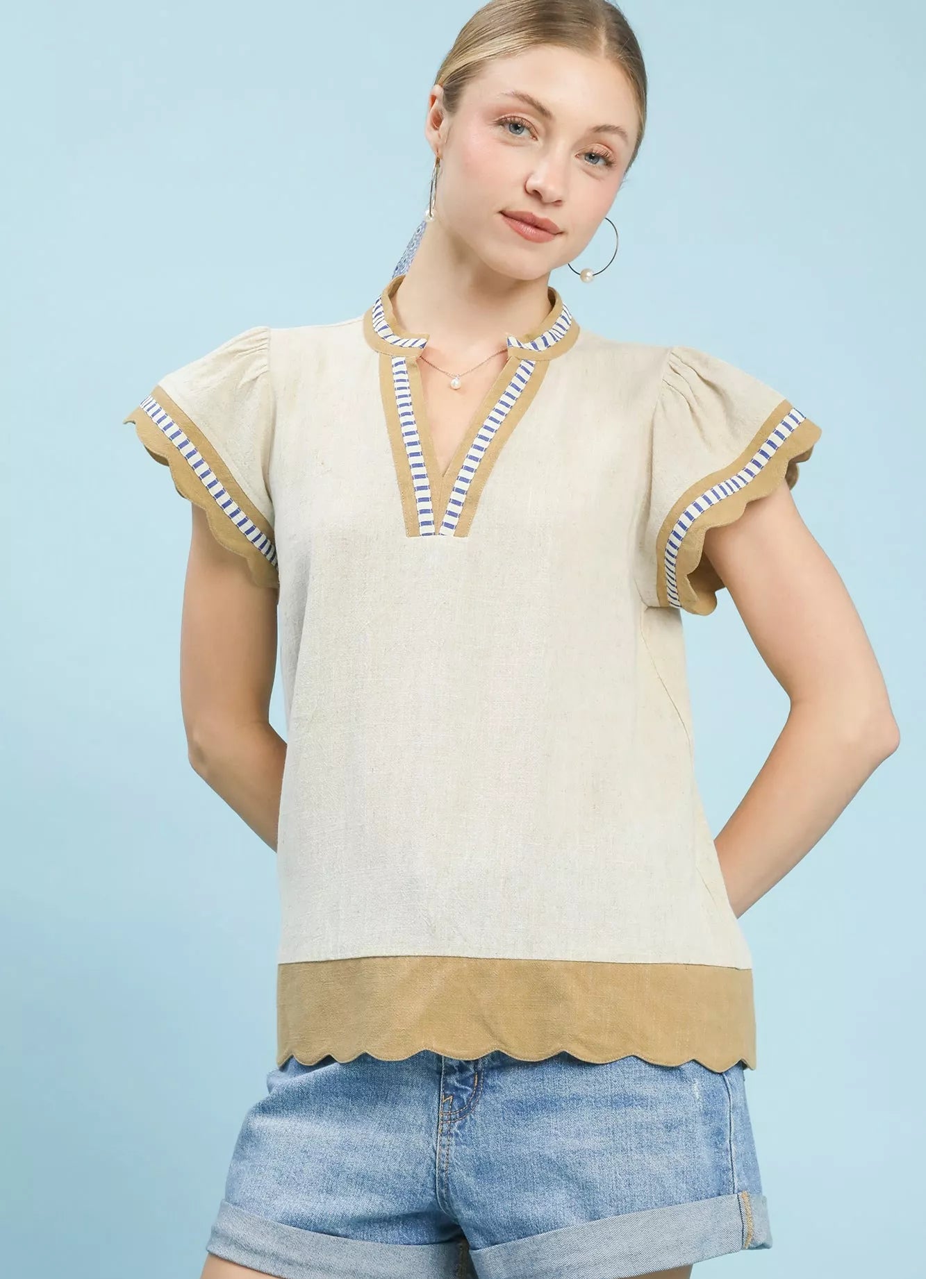 Umgee Blouse Oatmeal Contrast Scallop Trim Linen Cotton Top Short Sleeve OATMEAL 9854fd9a-b444-4c6d-ac3d-690d1fc9a0ef-Max-Origin Trendsi