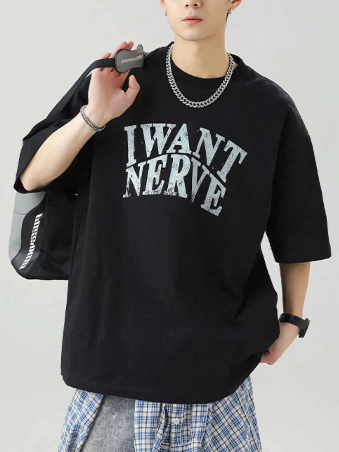 Men's Cotton T-Shirt Round Neck I Want Nerve Graphic Print Top Tees Black 9856a4a2-8722-4911-b825-1fd1af0901d4-Max-Origin Trendsi